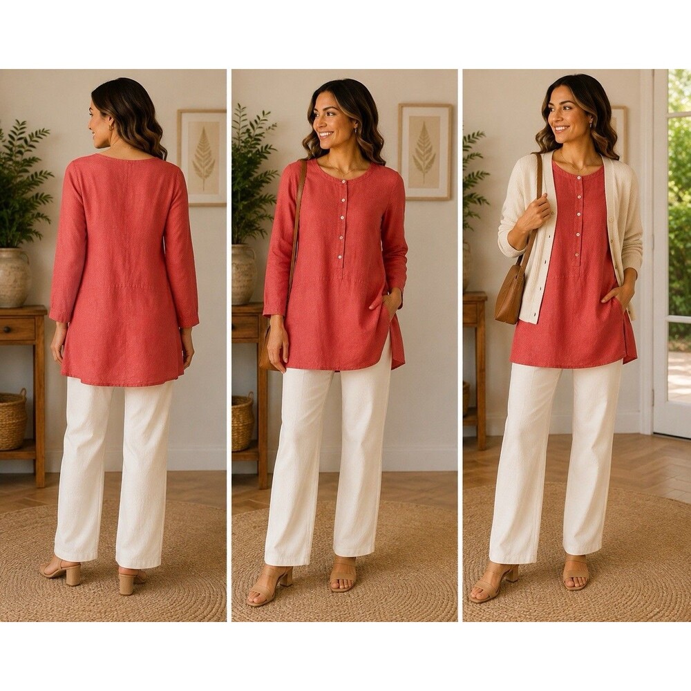J. Jill Tunic Linen Blouse Coral Oversized flattering flare RollTab slvs Sz Med
